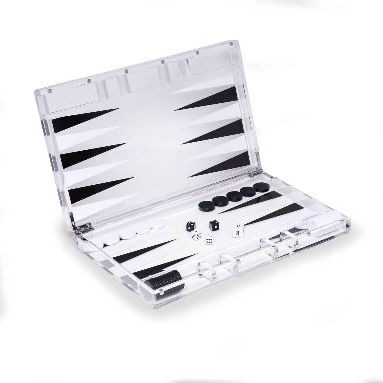 Clear acrylic backgammon set with white and black playing points, game pieces, dice, and doubling cube on white background