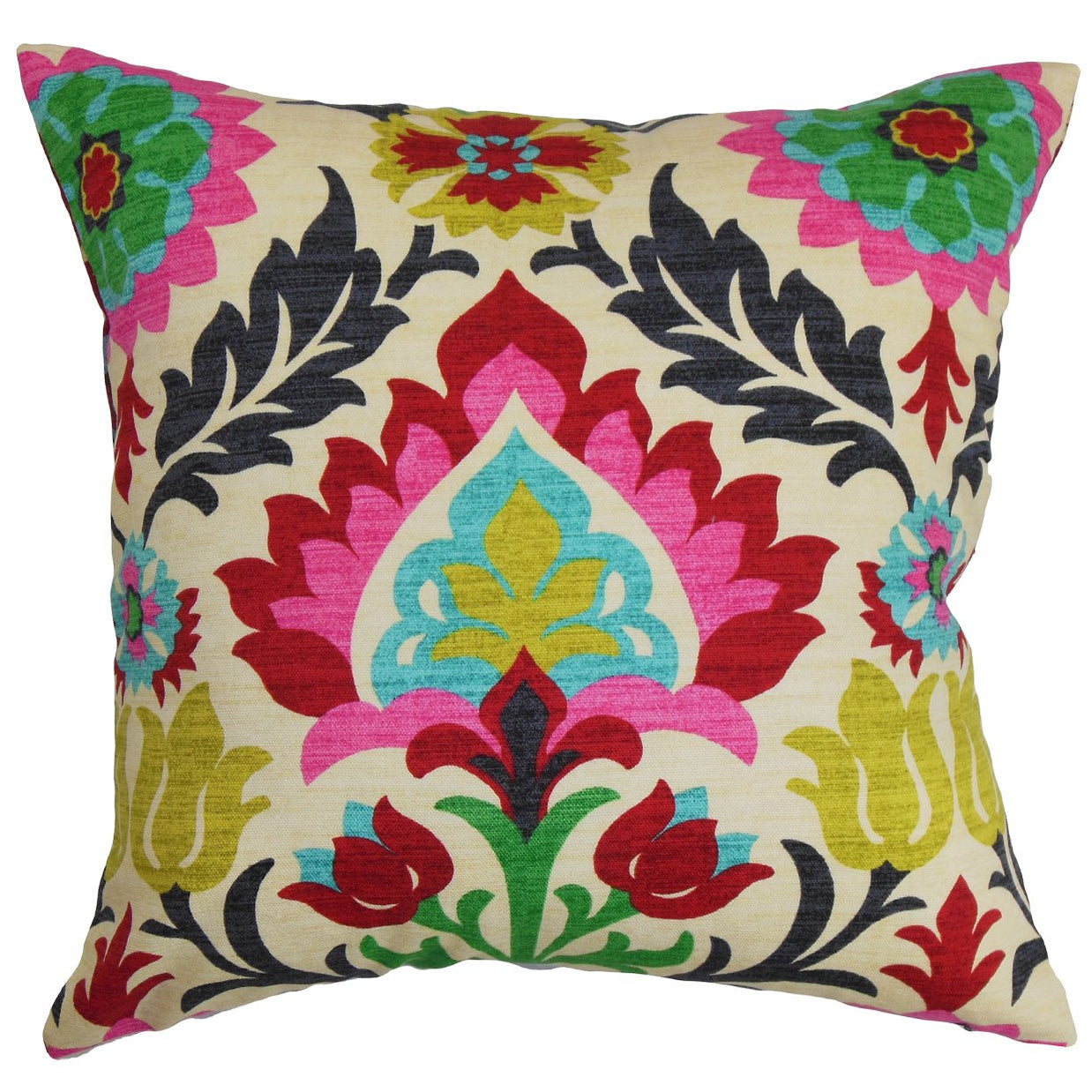 Square throw pillow with vibrant suzani pattern featuring pink, red, turquoise, and green floral medallions on cream background