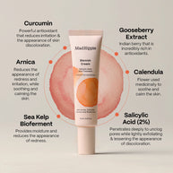 Blush pink tube of MadHippie Blemish Cream with peach circle backdrop and ingredient callouts radiating outward