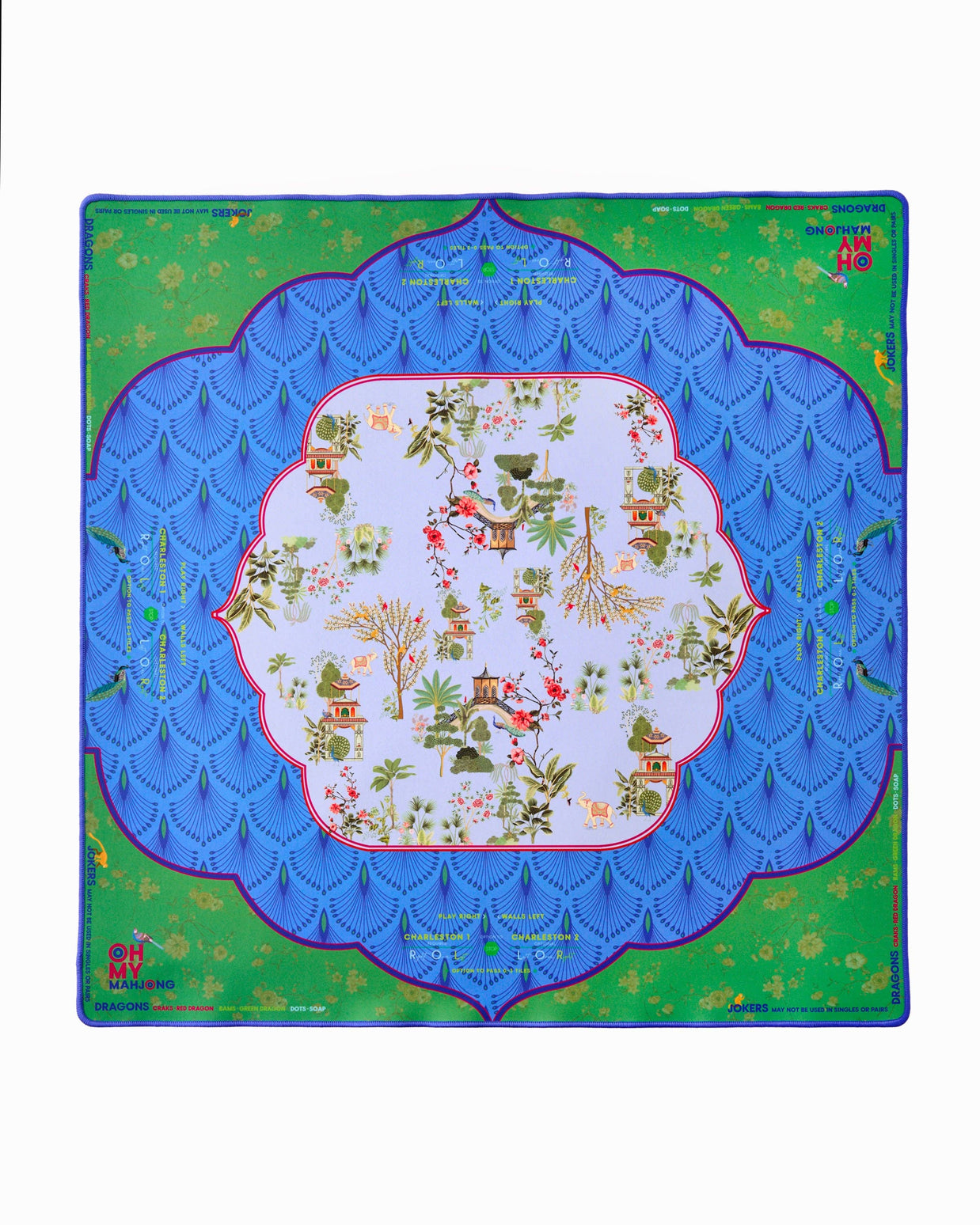 Mahjong mat with Asian-inspired design featuring blue fan patterns, green floral border, and chinoiserie pagoda center scene