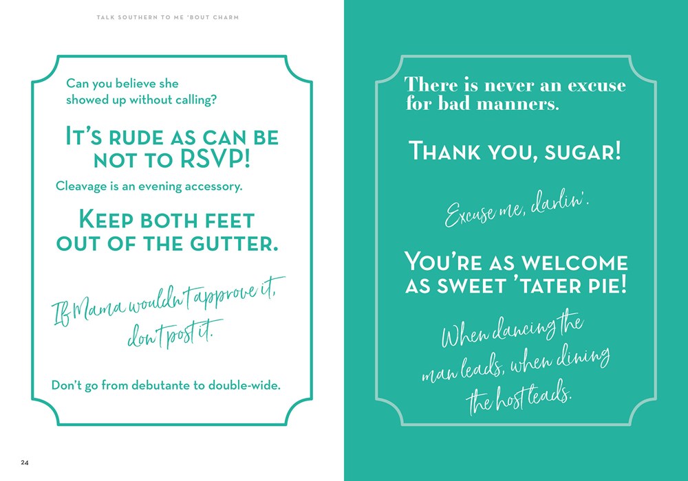 Two-page spread from etiquette book with turquoise and white panels featuring Southern charm sayings in decorative borders