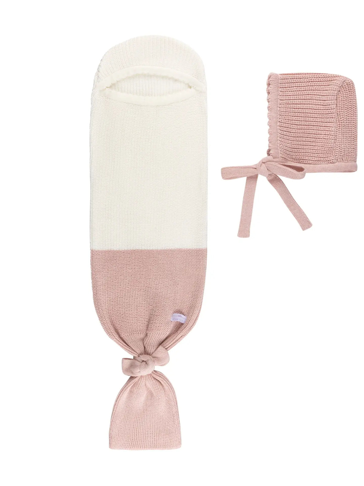 Knitted baby bunting and bonnet set in cream and dusty rose pink with ribbed texture and tie closures