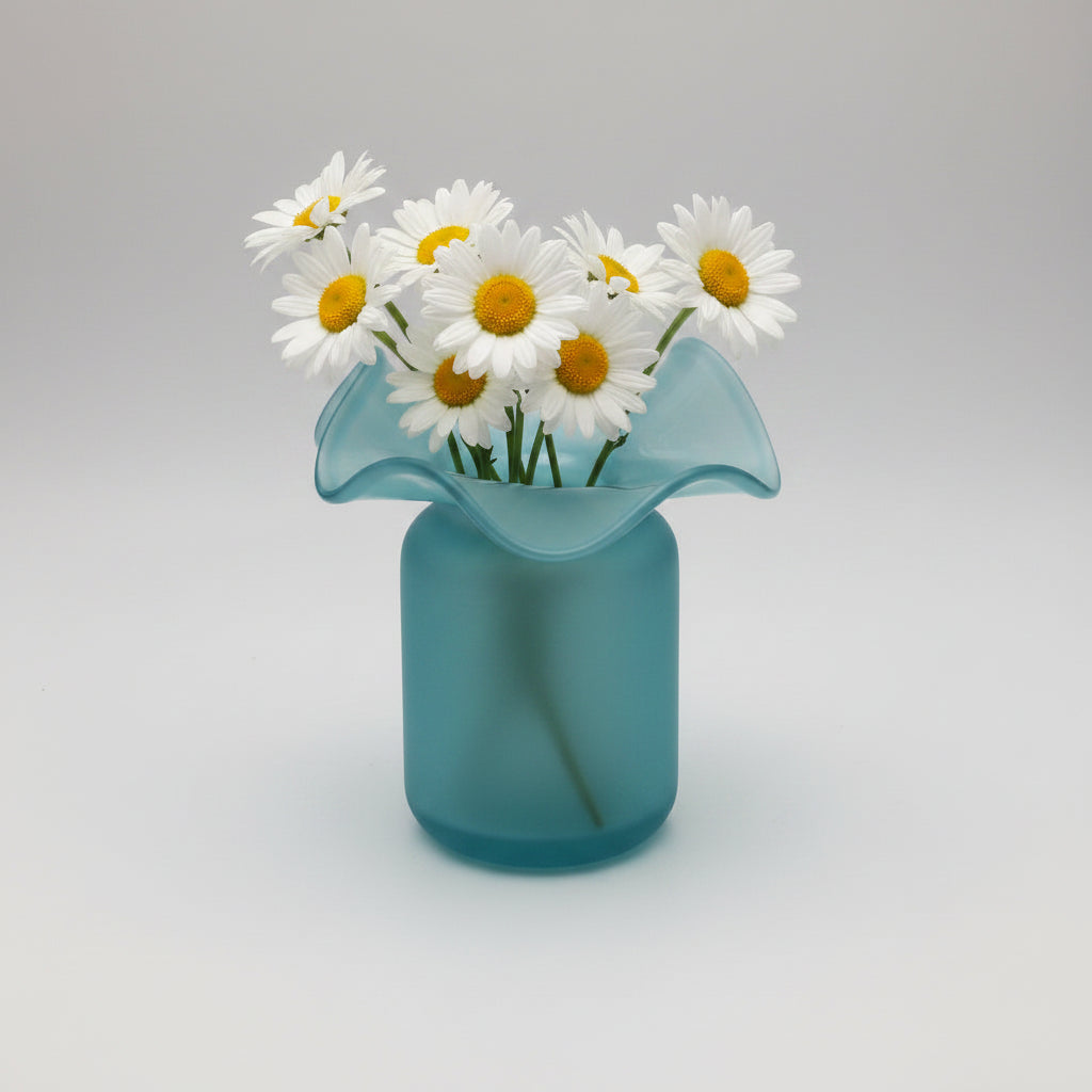 Aqua blue glass vase with ruffled crimped rim on cylindrical frosted base creating handkerchief or flower petal shape