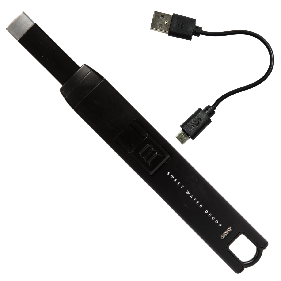 Black cylindrical rechargeable lighter with USB charging cable, silver ignition tip, and Sweet Water Decor branding