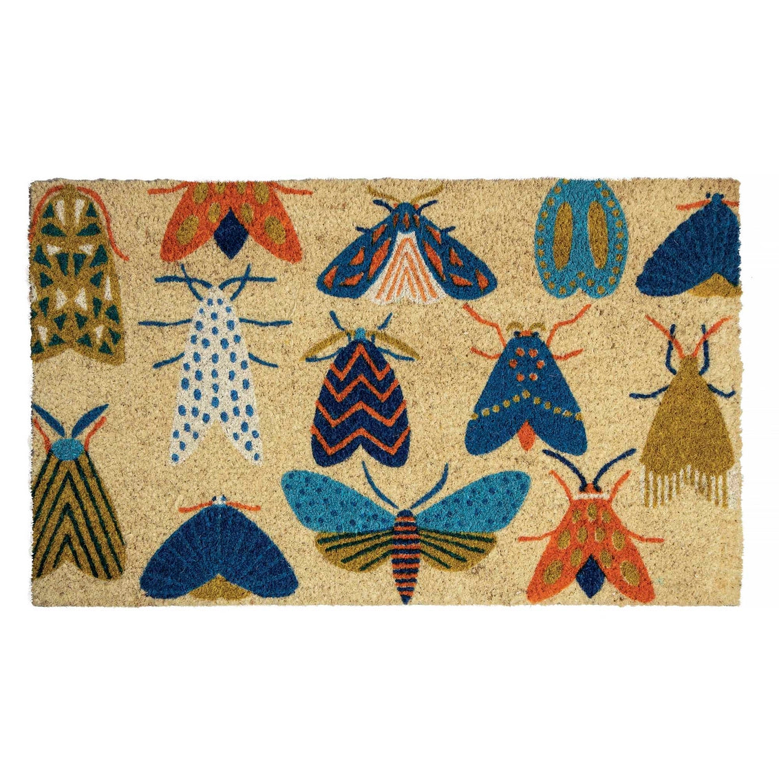 Natural coir doormat with colorful moths and beetles pattern in blue, orange, yellow, and red on beige background