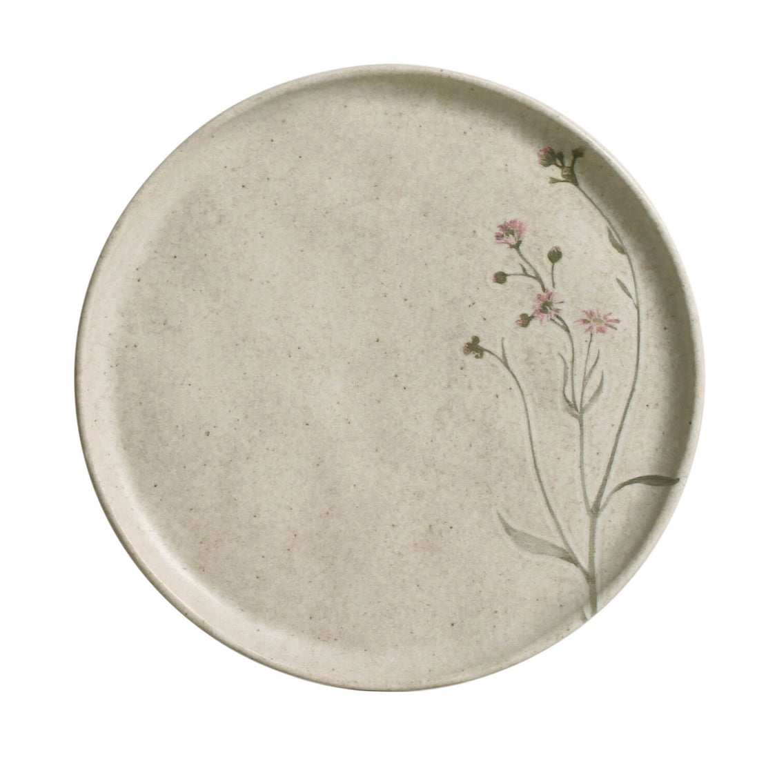 Speckled beige stoneware dessert plate with delicate hand-painted pink wildflowers and stems on right side