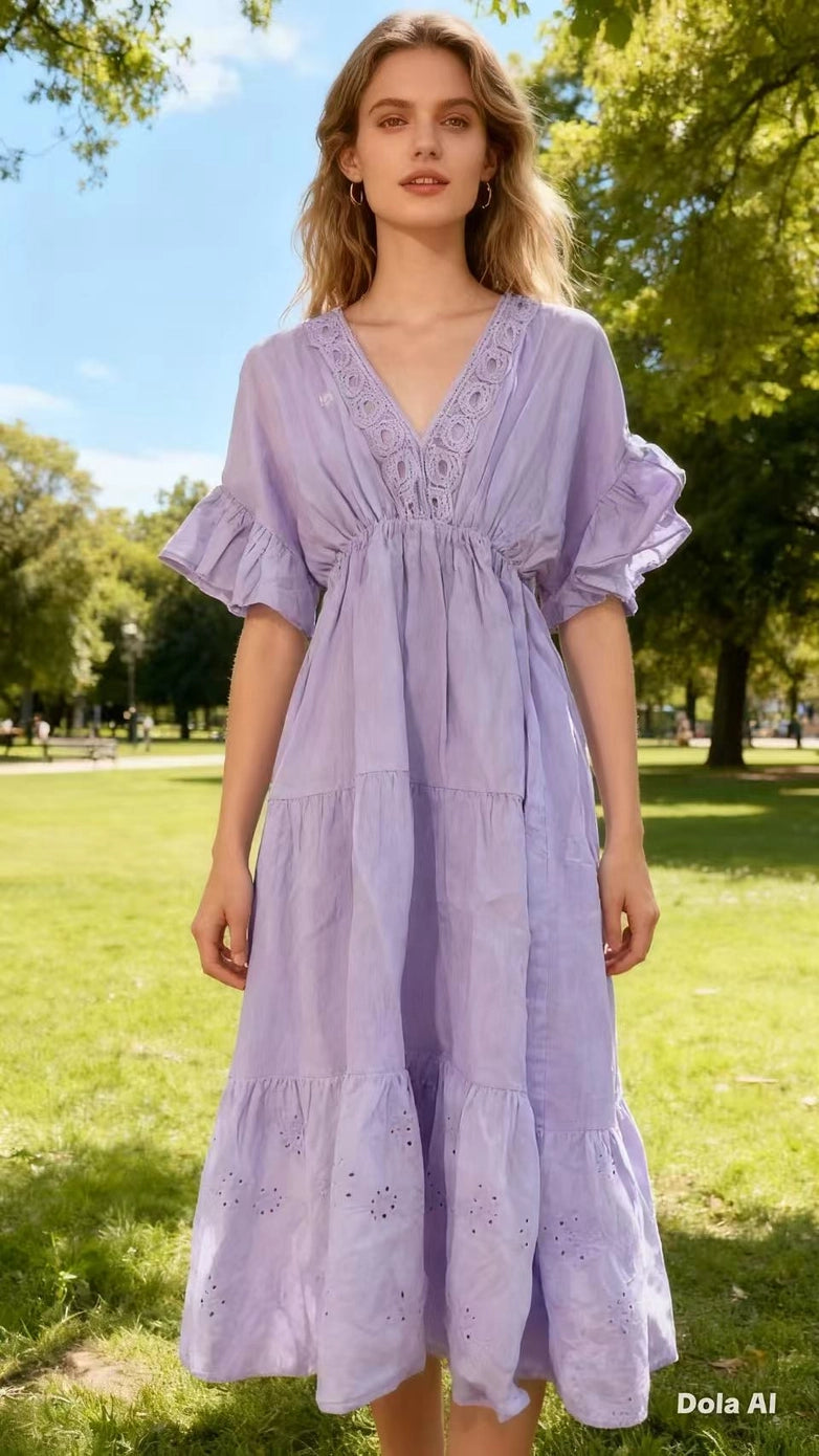 LÉA & LUC V-neck Linen Maxi Dress with Ruffled Sleeves