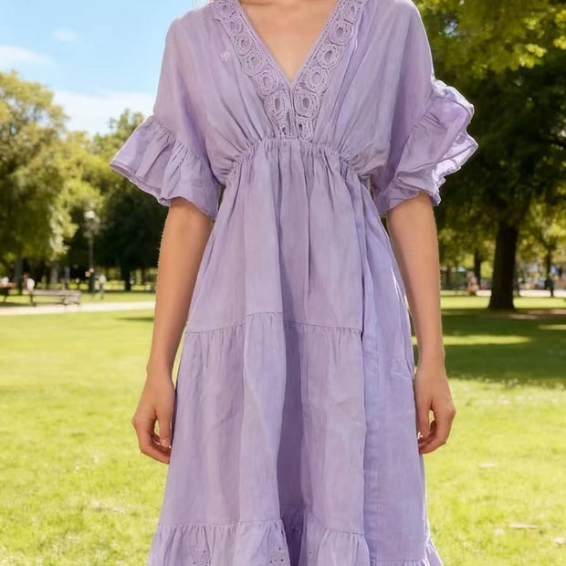 LÉA & LUC V-neck Linen Maxi Dress with Ruffled Sleeves