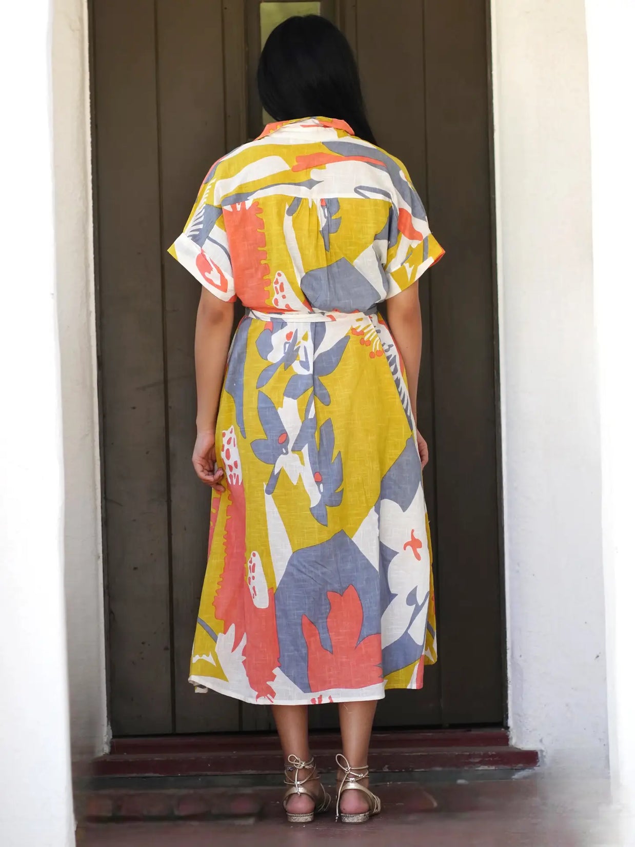 Belted midi shirt dress with abstract floral print in golden yellow, slate blue, coral and cream on lightweight fabric