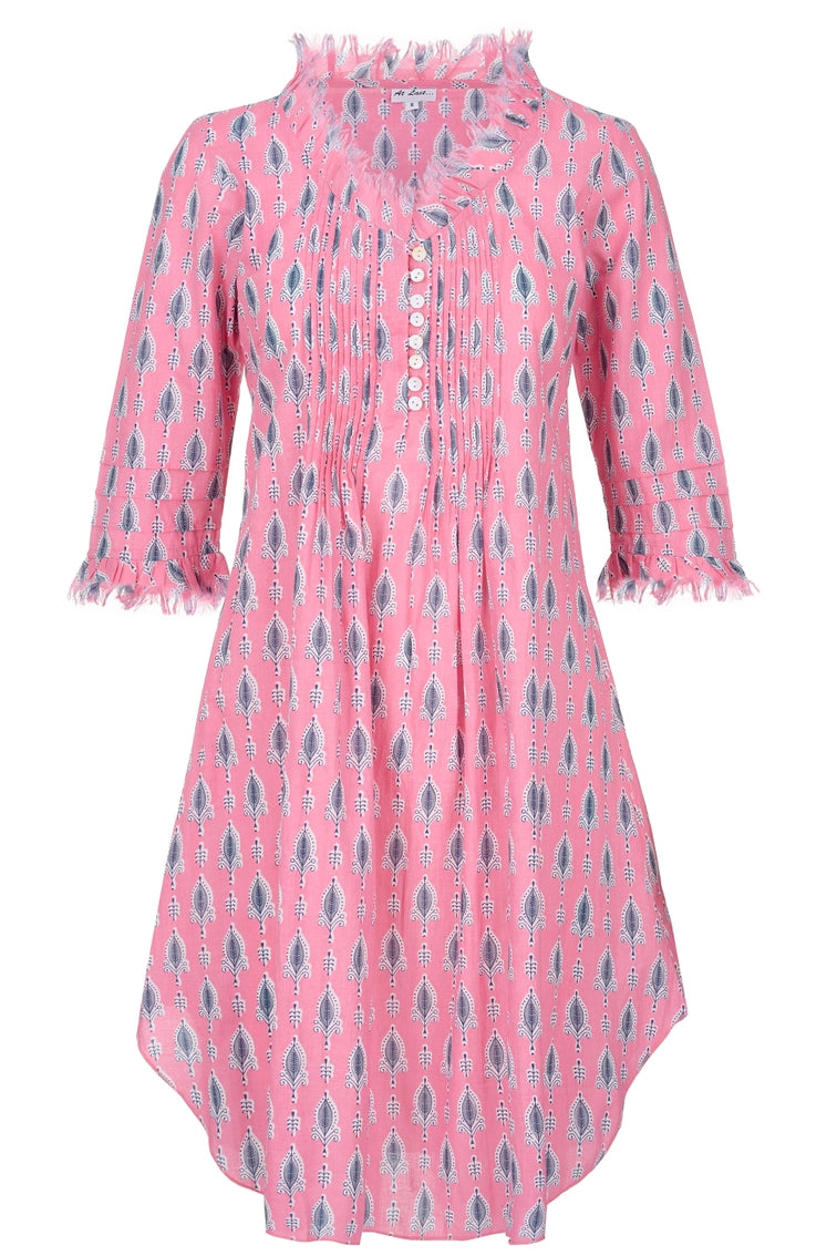 Pink cotton tunic dress with gray leaf print, frayed ruffle collar and cuffs, white button front, three-quarter sleeves