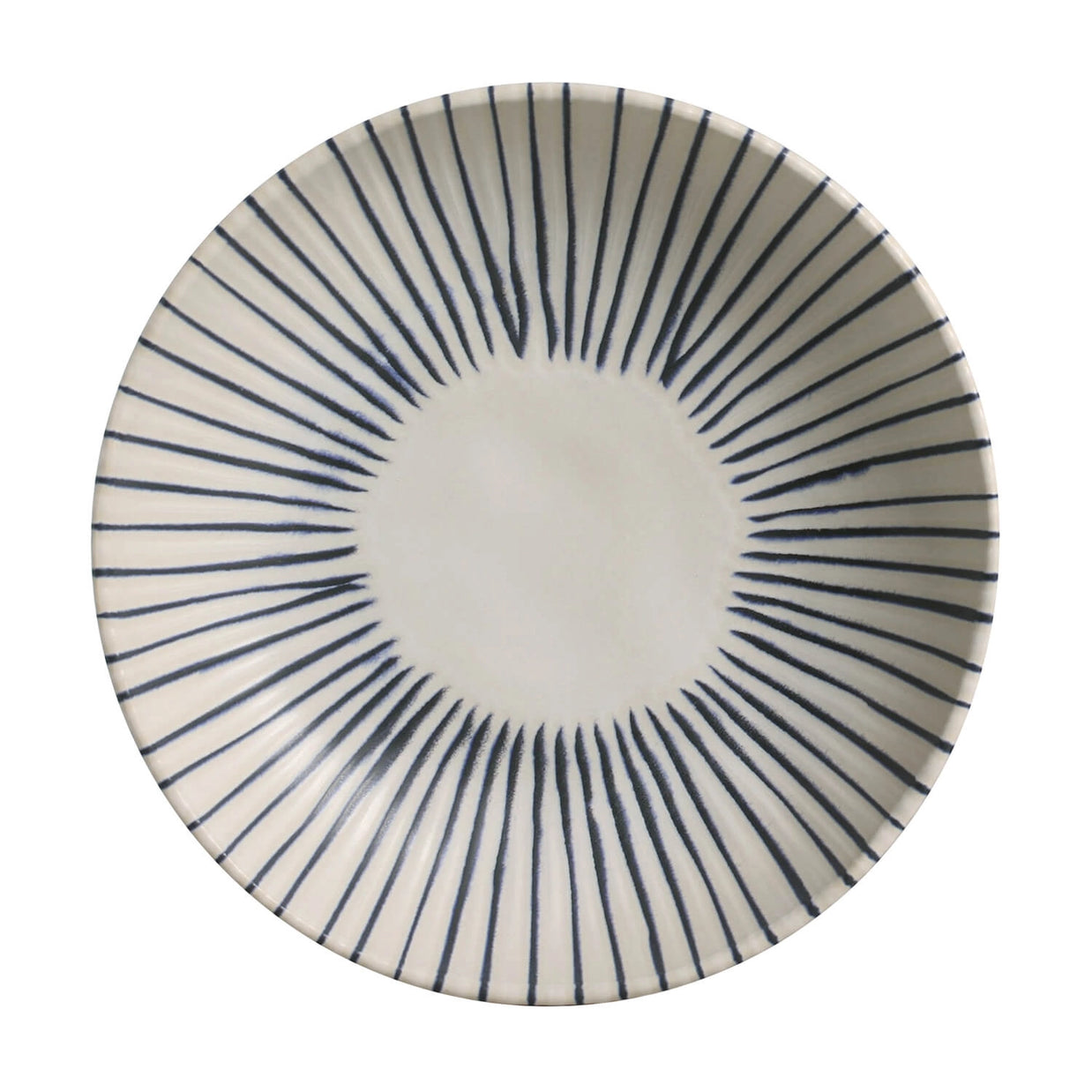 White stoneware salad bowl with navy blue radiating stripe pattern emanating from center in sunburst design