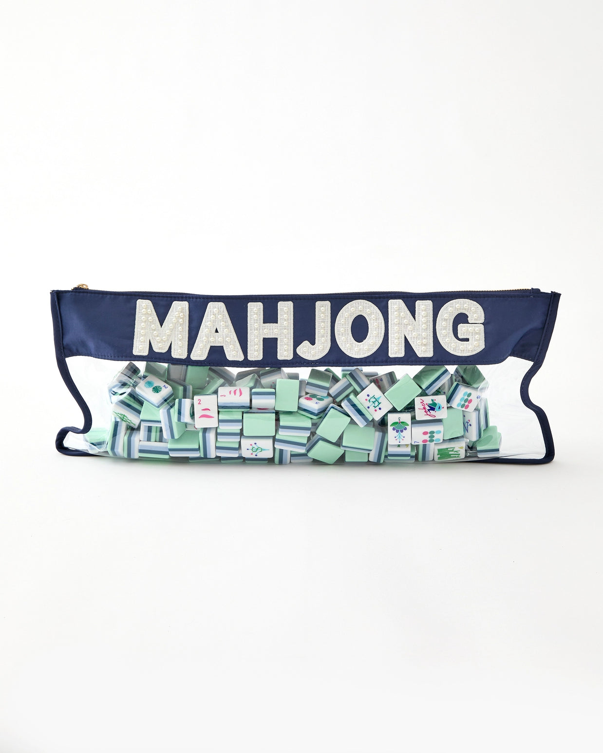 Clear zippered pouch with navy blue top panel displaying white MAHJONG text, filled with mint green game tiles