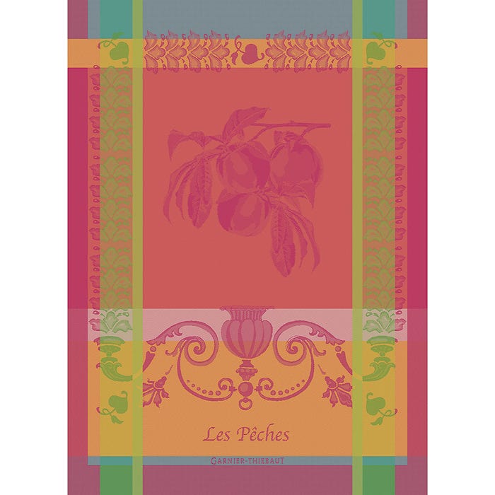 French jacquard kitchen towel with peach motif in coral-pink center, bordered by multicolored bands and ornate scrollwork design