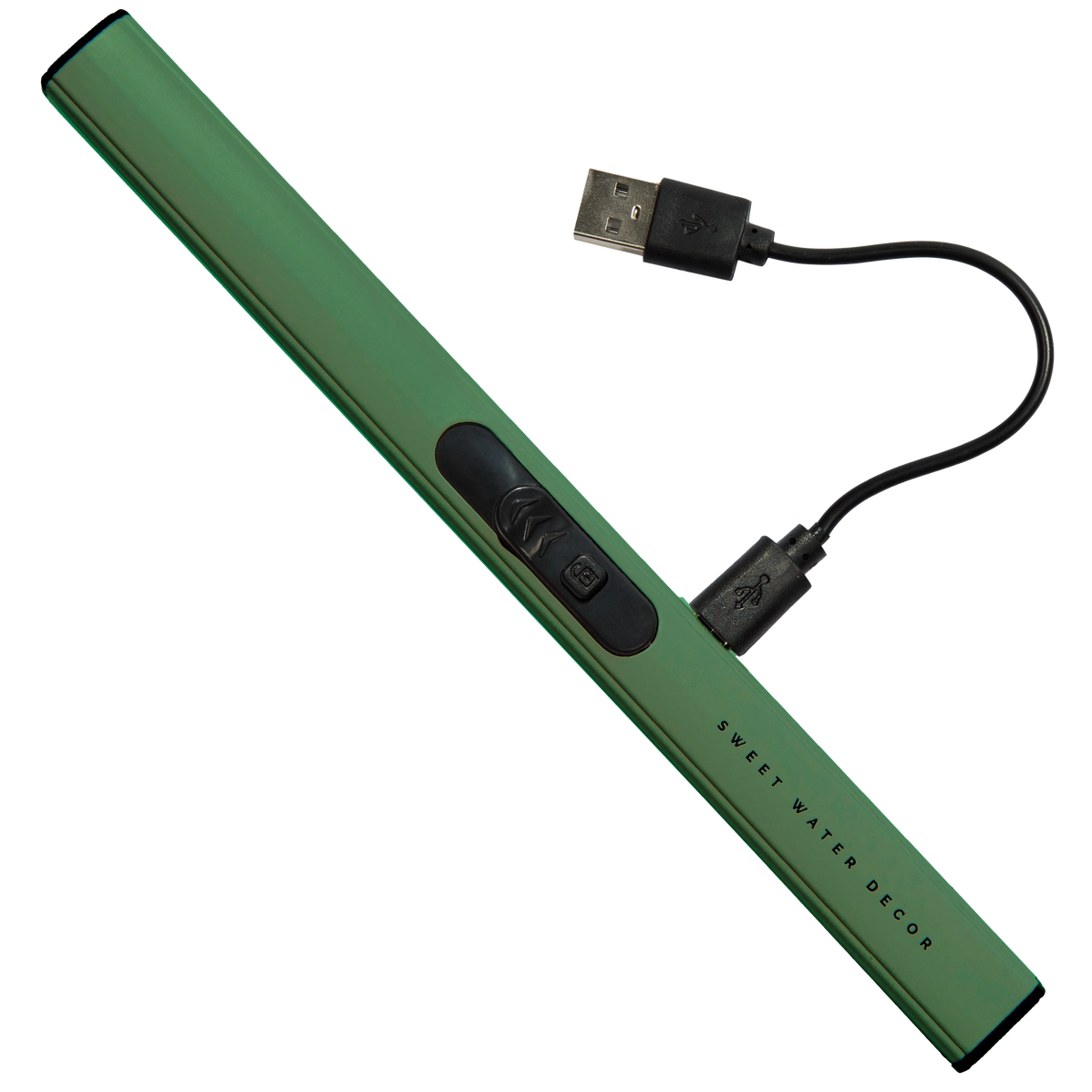 Sage green rechargeable electric lighter with black control buttons and USB charging cable on white background