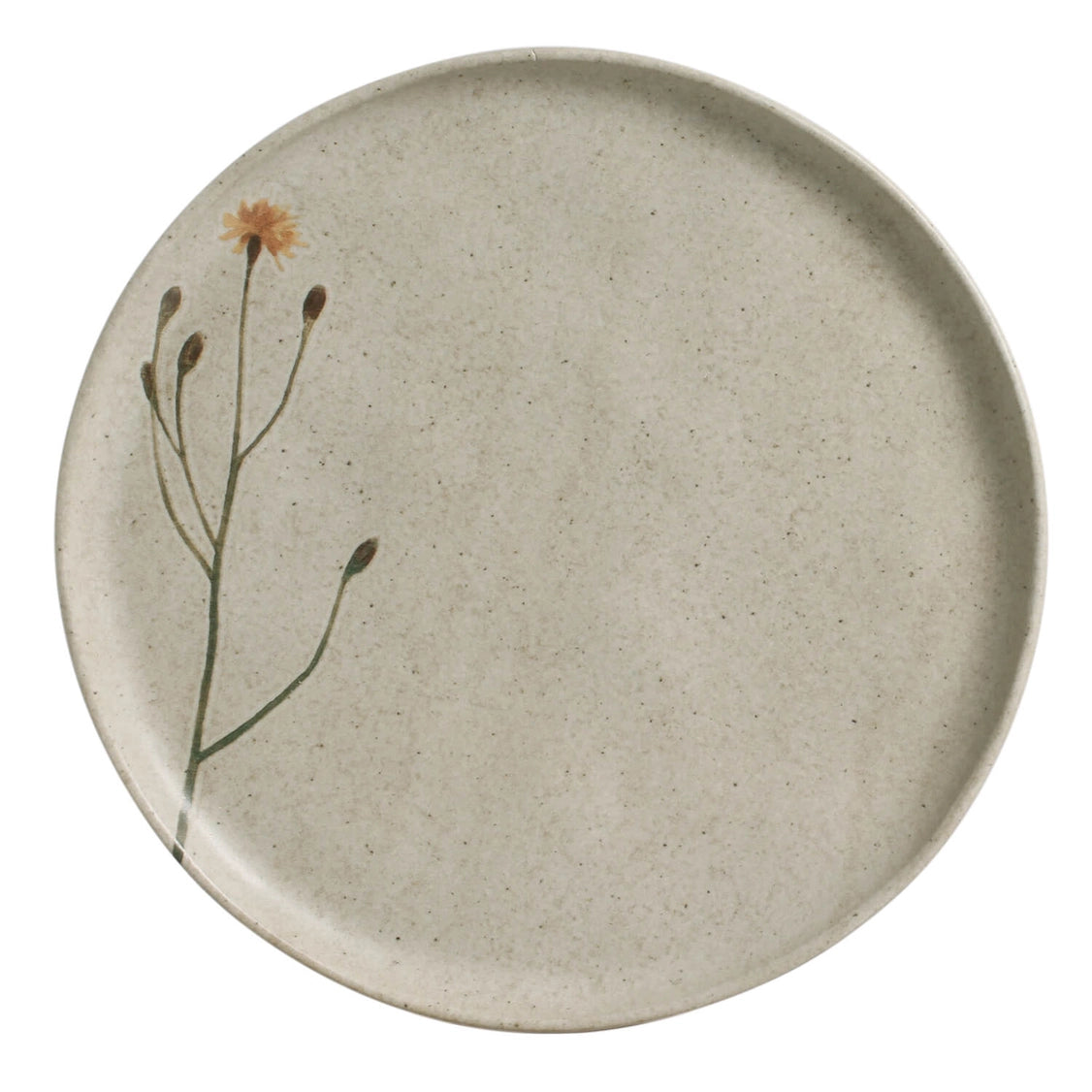 A round stoneware dinner plate with a floral pattern in the center