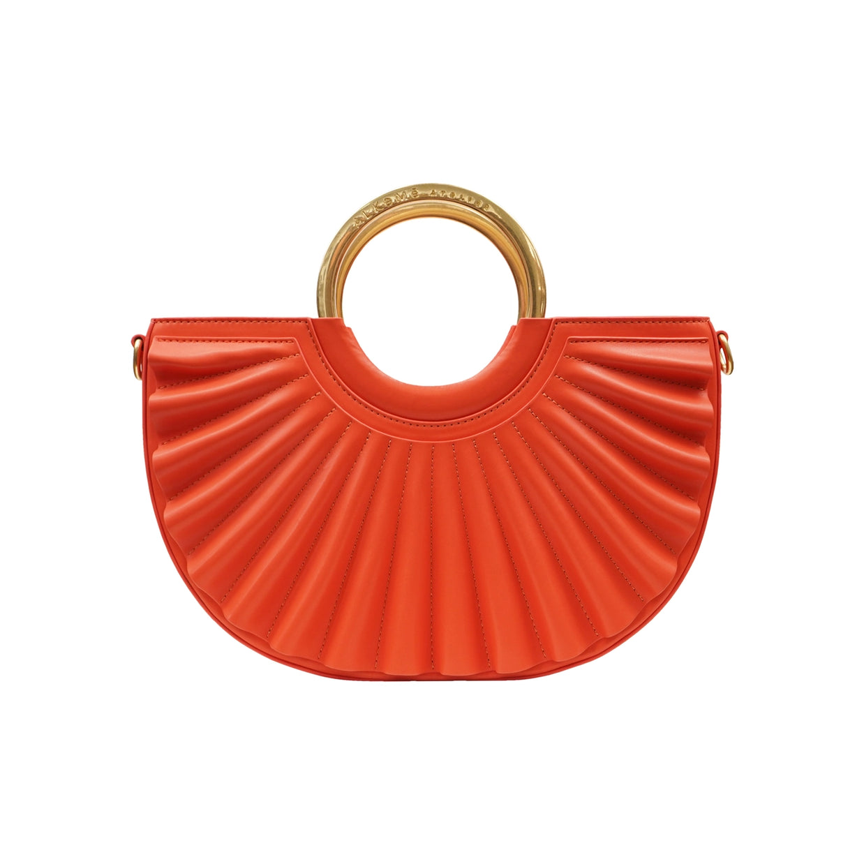 Coral red quilted leather half-moon handbag with sunburst pleating and gold circular top handle on white background