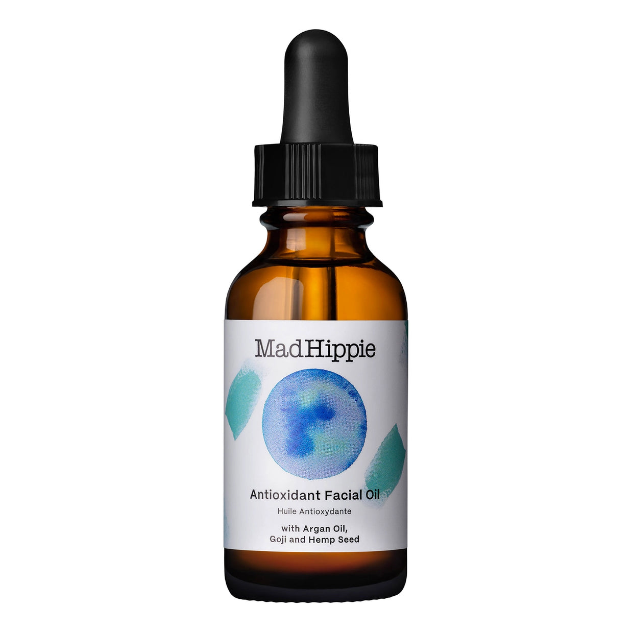 Amber glass dropper bottle with black cap, white label featuring blue watercolor circle design, Mad Hippie facial oil