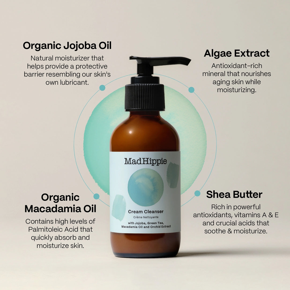 Amber glass pump bottle of MadHippie cream cleanser with black dispenser and minimalist sage green label on beige background