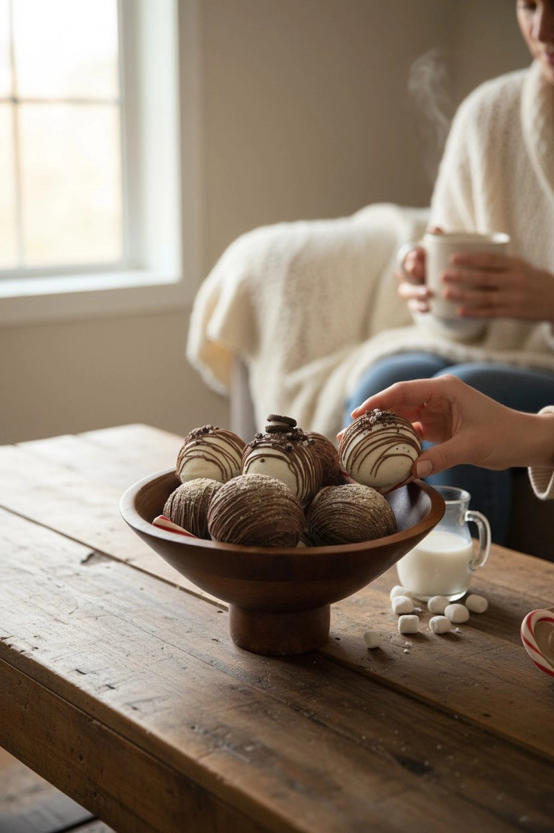 Wooden footed bowl filled with hot chocolate bombs drizzled in dark and white chocolate on rustic farmhouse table