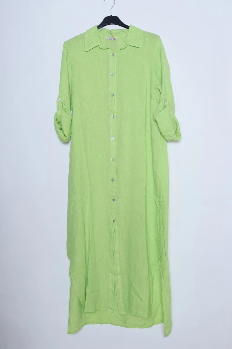 Lime green linen shirt dress with rolled sleeves, white button front closure, collar, and asymmetrical high-low hem on hanger