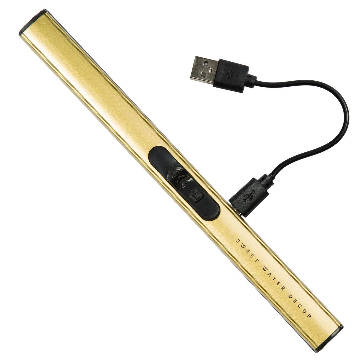 Gold anodized aluminum rechargeable lighter with oval black control button and attached black USB charging cable