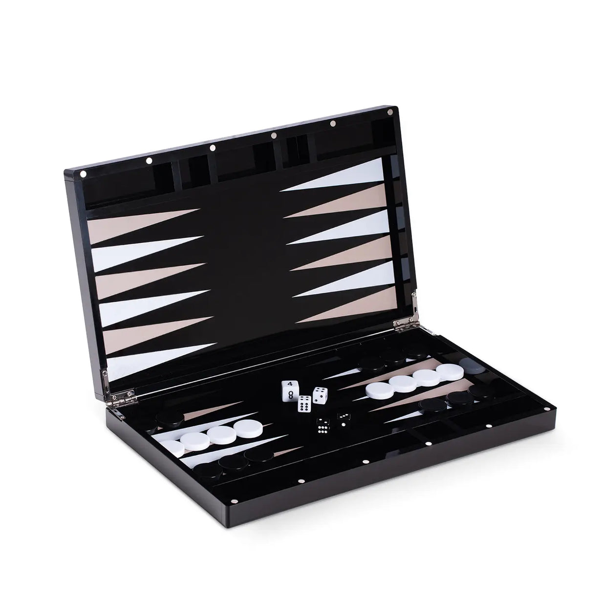Black lucite backgammon set with beige and white triangular points, white game pieces, and white dice with metal hinges