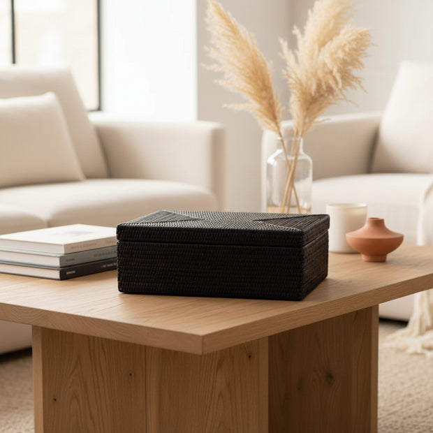 Artifacts Trading Company Rattan Flat Legal File Storage Box with Woven Lid in Tudor Black