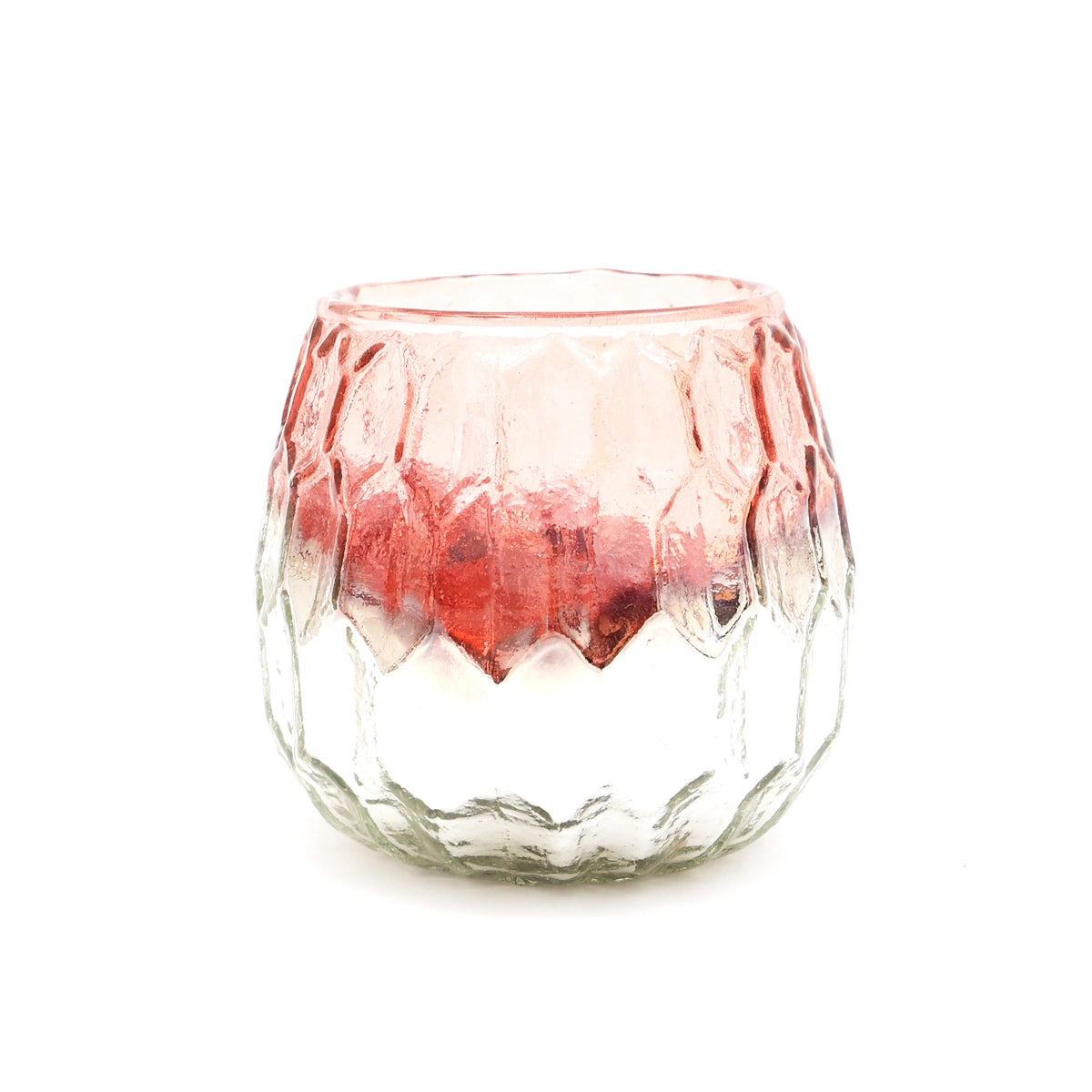 Ruby pink ombre glass votive with geometric honeycomb faceted texture, clear at base fading to rose at rim