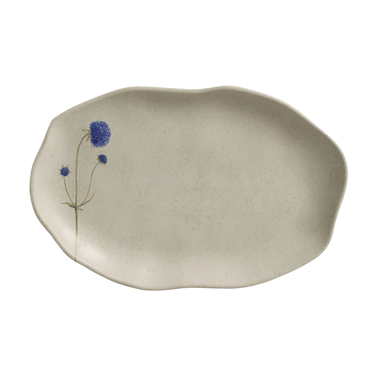 A medium oval stoneware platter with a floral design and a blue flower on a white background.