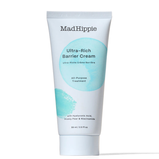 White tube of Mad Hippie Ultra-Rich Barrier Cream with turquoise circular design and ribbed cap, 2.0 fl oz