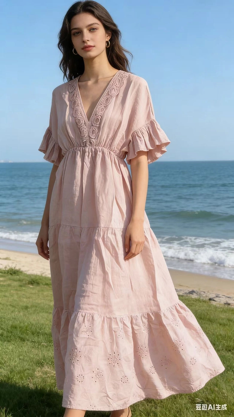 LÉA & LUC V-neck Linen Maxi Dress with Ruffled Sleeves