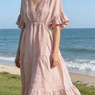 LÉA & LUC V-neck Linen Maxi Dress with Ruffled Sleeves
