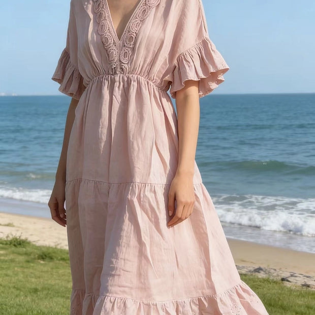 LÉA & LUC V-neck Linen Maxi Dress with Ruffled Sleeves