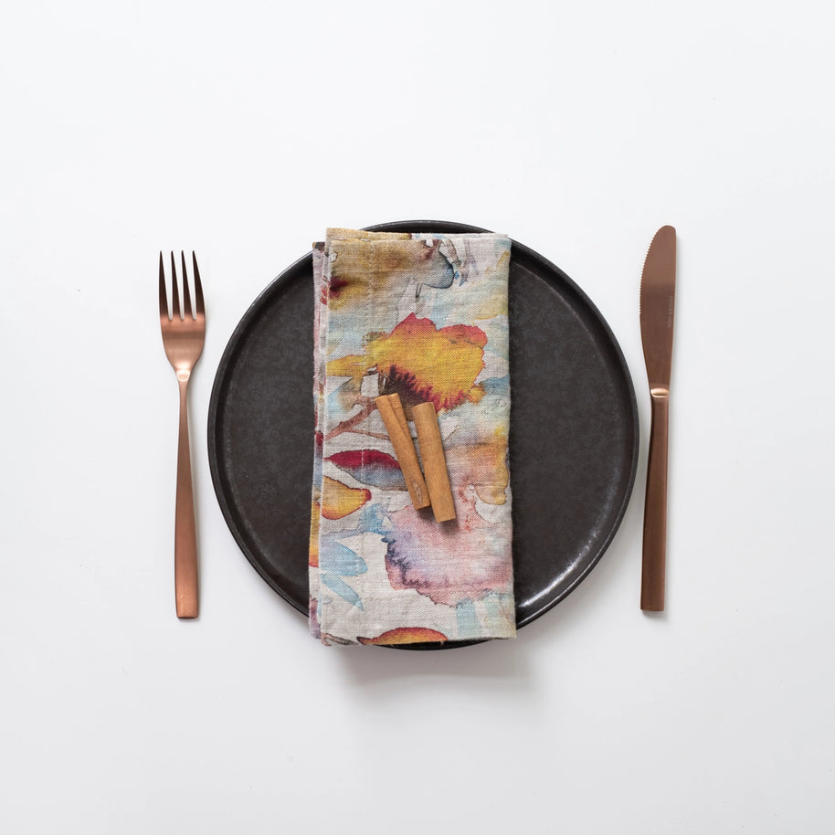 Linen Tales - Orange Flow On Natural Linen Napkins - Set of 2