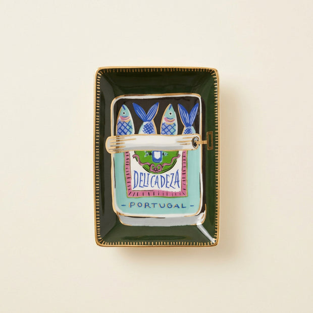 A rectangular dark green ceramic ashtray with gold trim, featuring a hand-painted Portuguese mackerel fish design and a miniature Delicaze Portugal logo in the center.