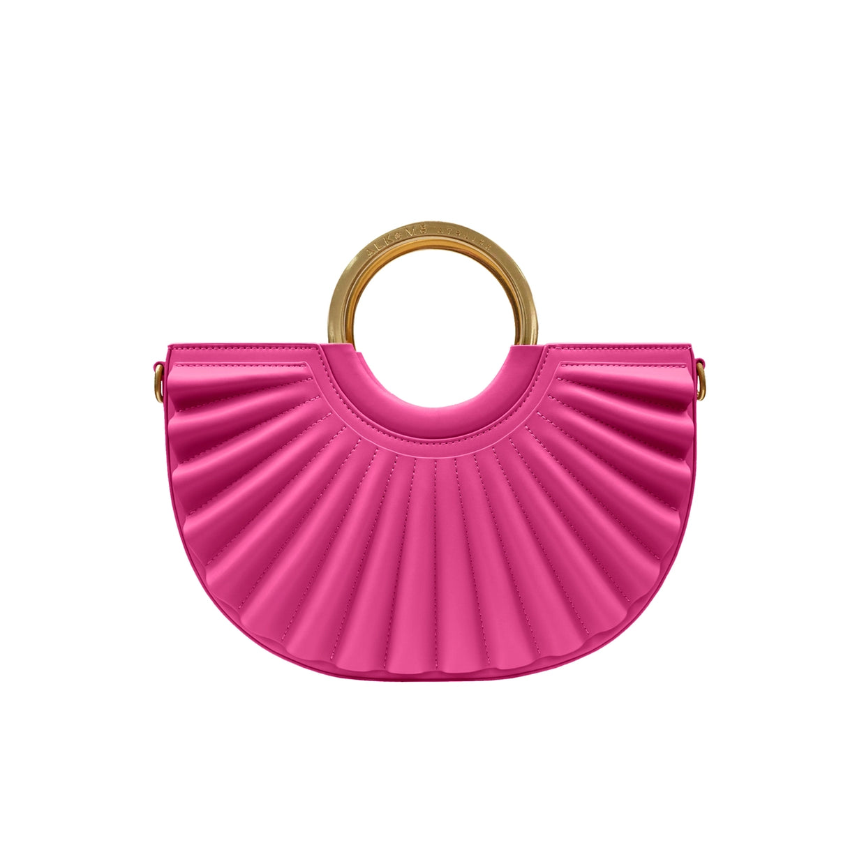 Hot pink quilted leather half-moon handbag with circular gold metal top handle and radiating pleated fan design
