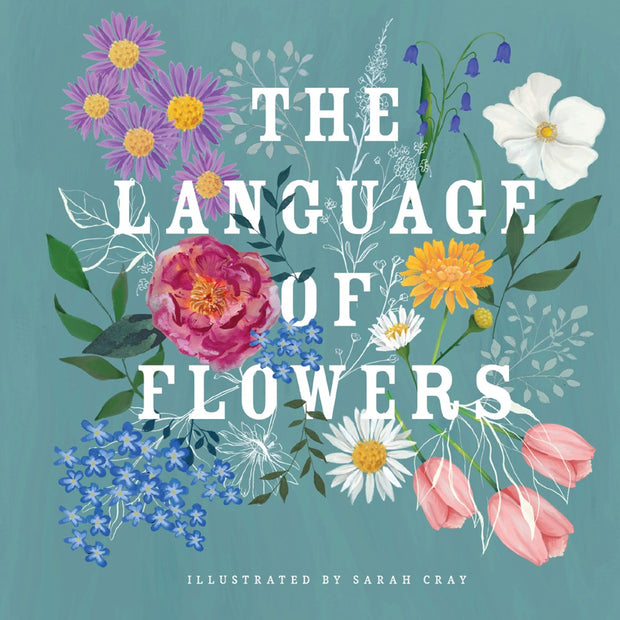 Illustrated book cover with white serif text surrounded by colorful painted flowers including pink peonies, purple daisies, and blue bellflowers on teal background.