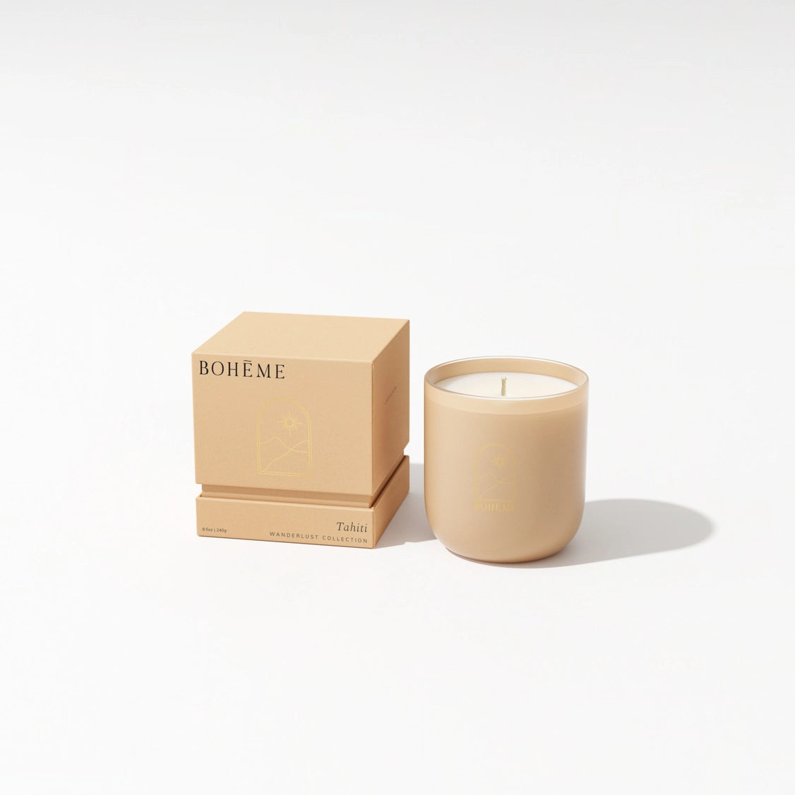 Bohème Tahiti scented candle in peachy beige matte ceramic vessel with white wax and matching cubic cardboard box