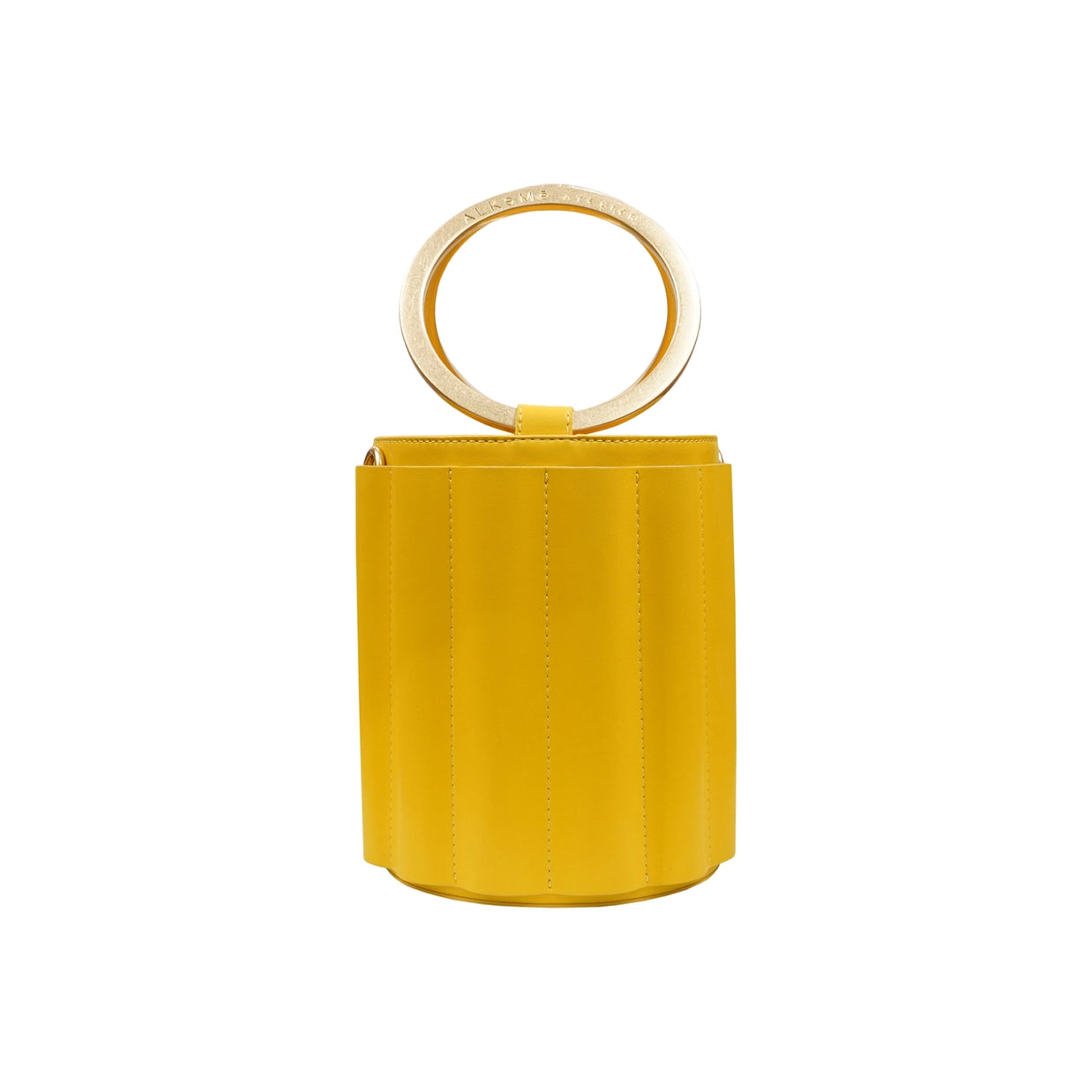 Cylindrical mustard yellow suede bucket bag with clear acrylic circular top handle and vertical stitched panel details