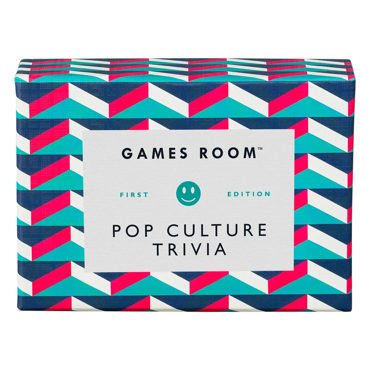 Pop culture trivia card game box with geometric 3D chevron pattern in navy, pink, turquoise, and white stripes