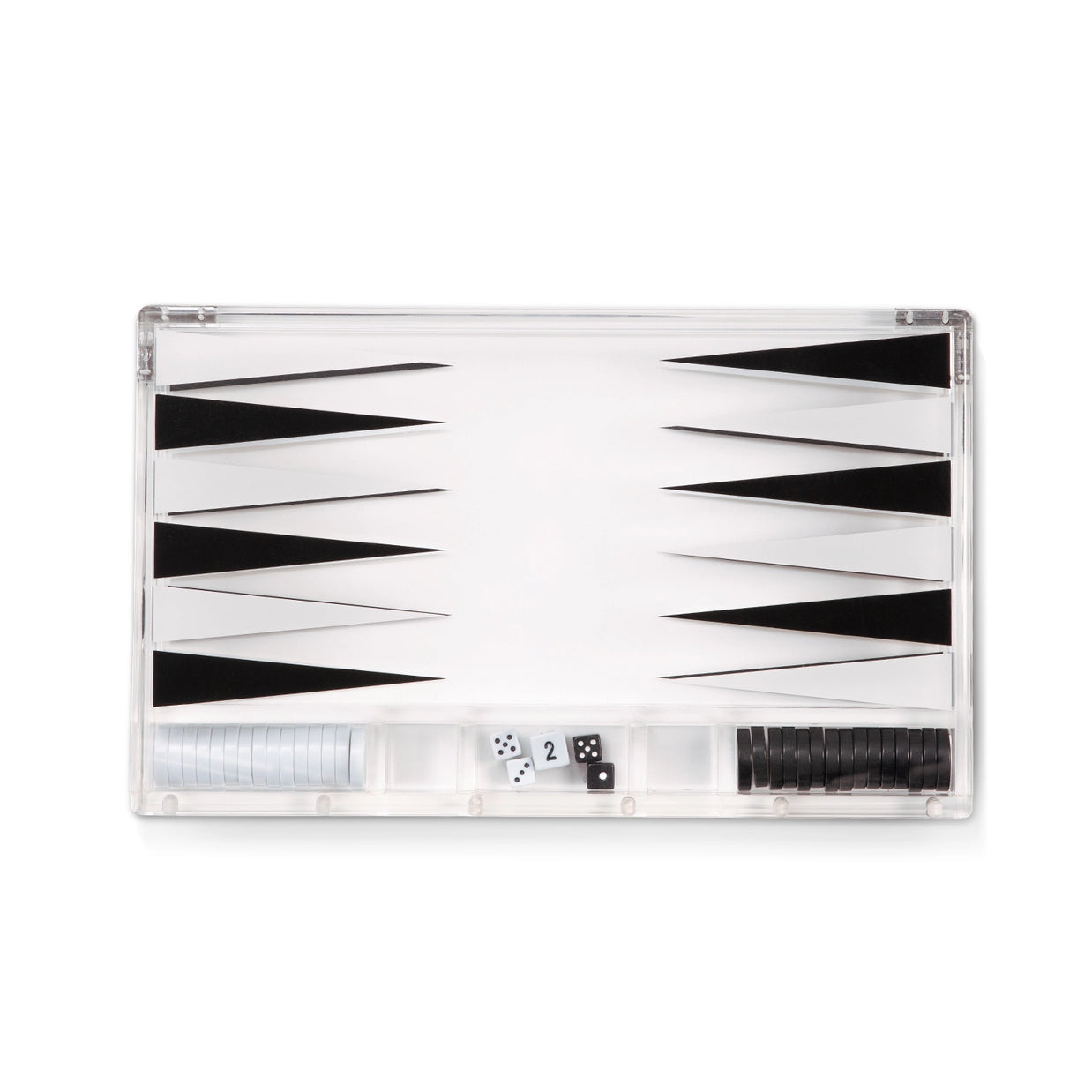 Clear acrylic backgammon set with black and white triangular points, white and black game pieces, and dice in storage tray