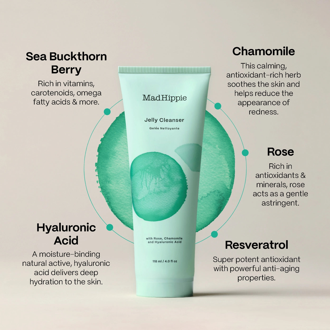Mint green tube of MadHippie Jelly Cleanser with ingredient callouts pointing to translucent sea buckthorn berry slices backdrop