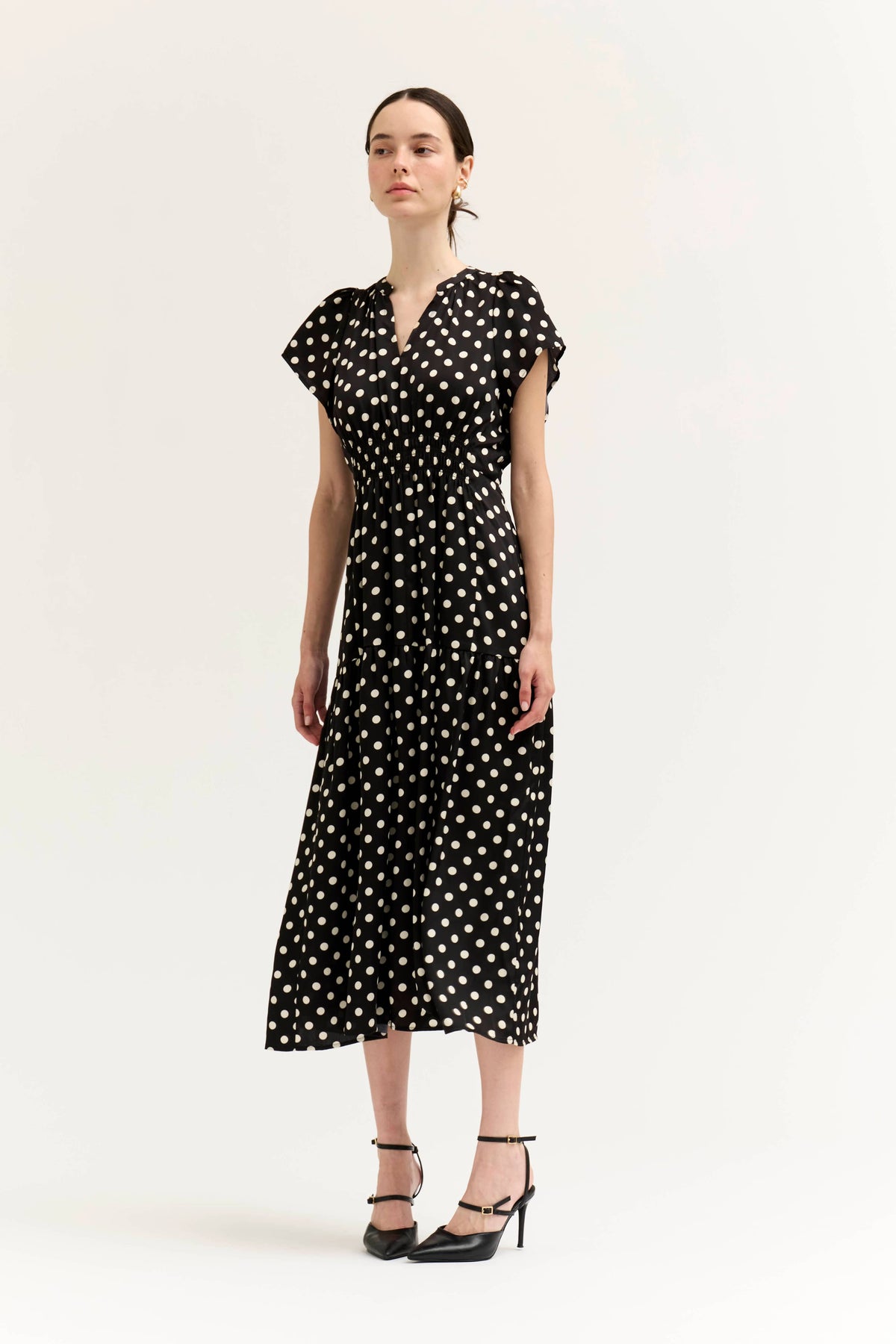 Grade & Gather Printed Ruffle Satin Midi Dress