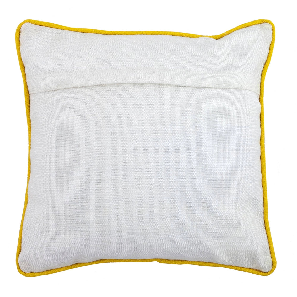 White linen throw pillow with bright yellow piped edge trim and horizontal center seam detail on plain background