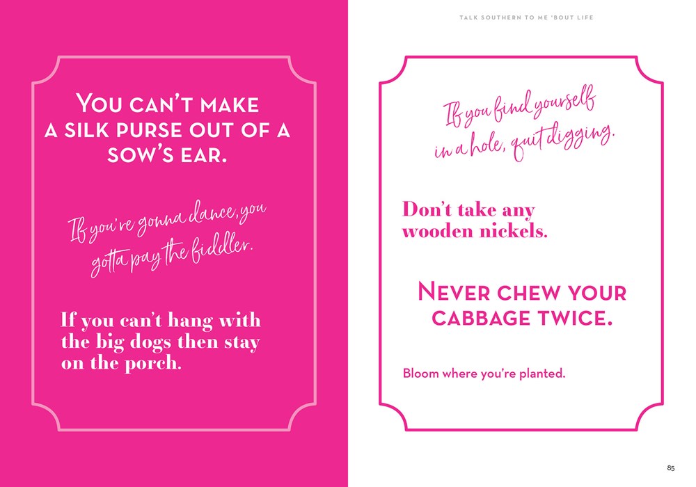 Hot pink and white decorative cards with humorous Southern sayings in script and serif typography with ornate borders