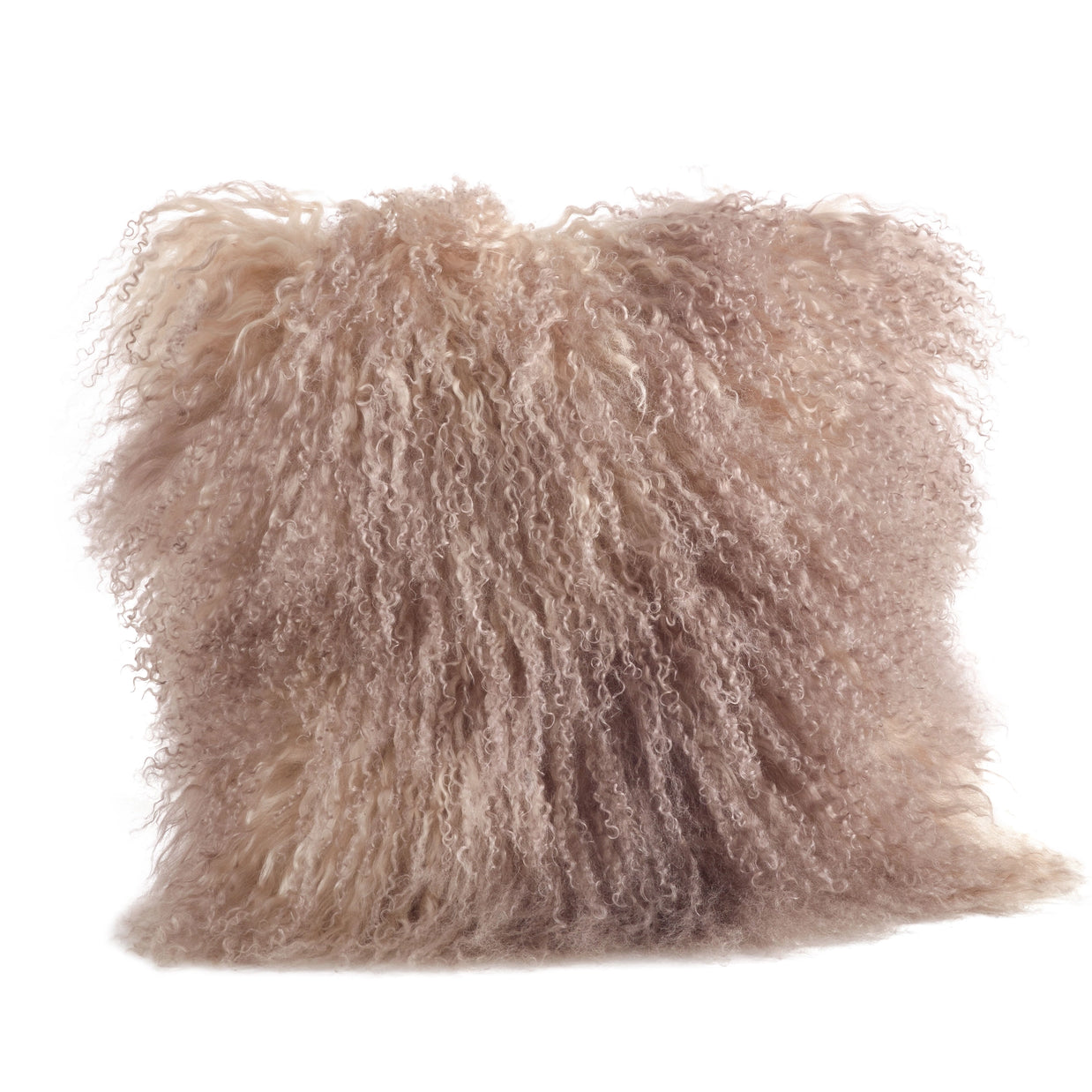 Blush pink Mongolian lamb fur pillow with long, tightly curled wool fibers creating luxurious texture on all sides