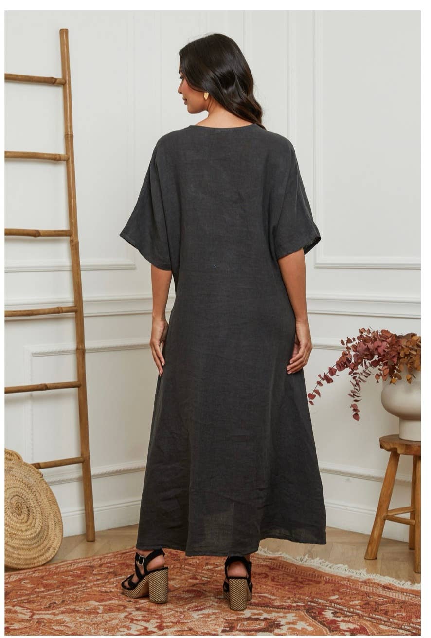Charcoal gray linen caftan dress with wide kimono sleeves and relaxed A-line silhouette, back view on model