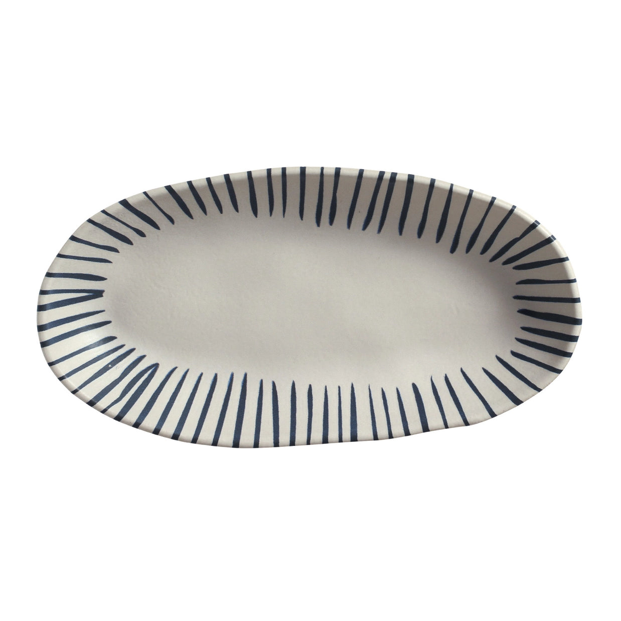 Oval ceramic platter with cream background and navy blue radiating stripe pattern around rim, deep well center