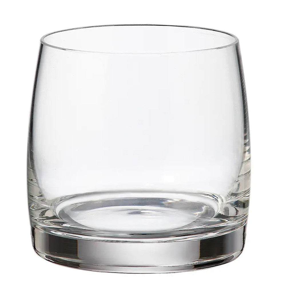 Clear glass rocks tumbler with tapered sides and heavy weighted base for whiskey and cocktails
