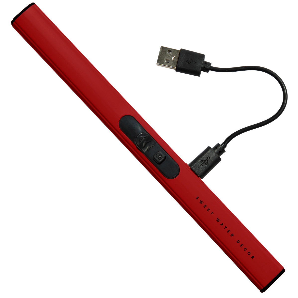 Red metallic electric lighter with black control buttons and attached USB charging cable on white background